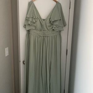 Bridesmaid Dress; Elegant Sage Green Evening Gown with Ruffled Sleeves
